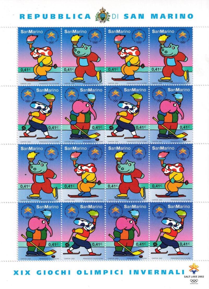 Minifoglio San Marino Anno 2002 Salt Lake City 2002. Giochi Olimpici Invernali. Personaggi dei fumetti di F. T. Altan con la fiaccola olimpica (cat. n. 1851-1854)
