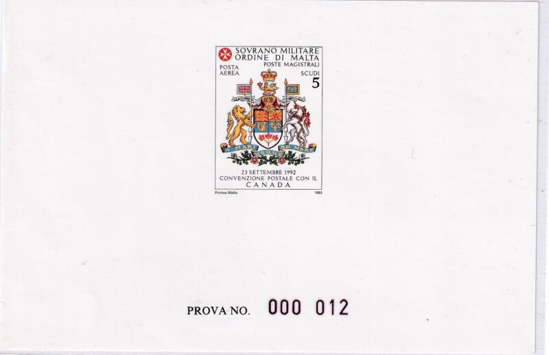 Francobollo S.M.O.M. Anno 1993 Prova Posta Aerea Convenzione Canada (cat. n. A48)