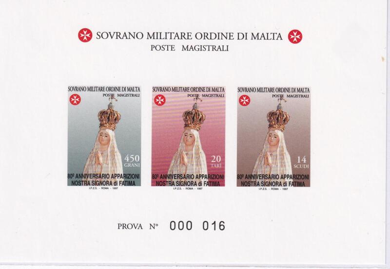 Francobolli S.M.O.M. Anno 1997 Prova Serie 40esimo anniversario Apparizione Fatima (cat. n. 524-526)