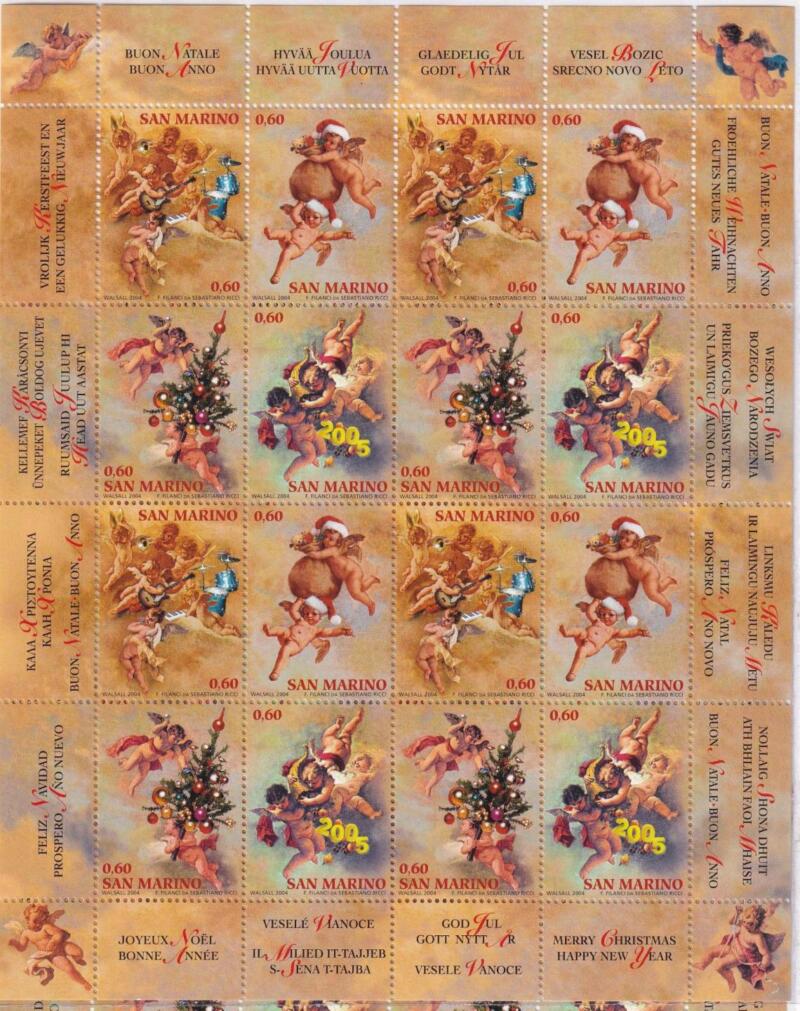 Minifoglio San Marino Anno 2004 Natale. Angeli e putti tratti da dipinti e affreschi di Sebastiano Ricci (cat. n. 2015-2018)