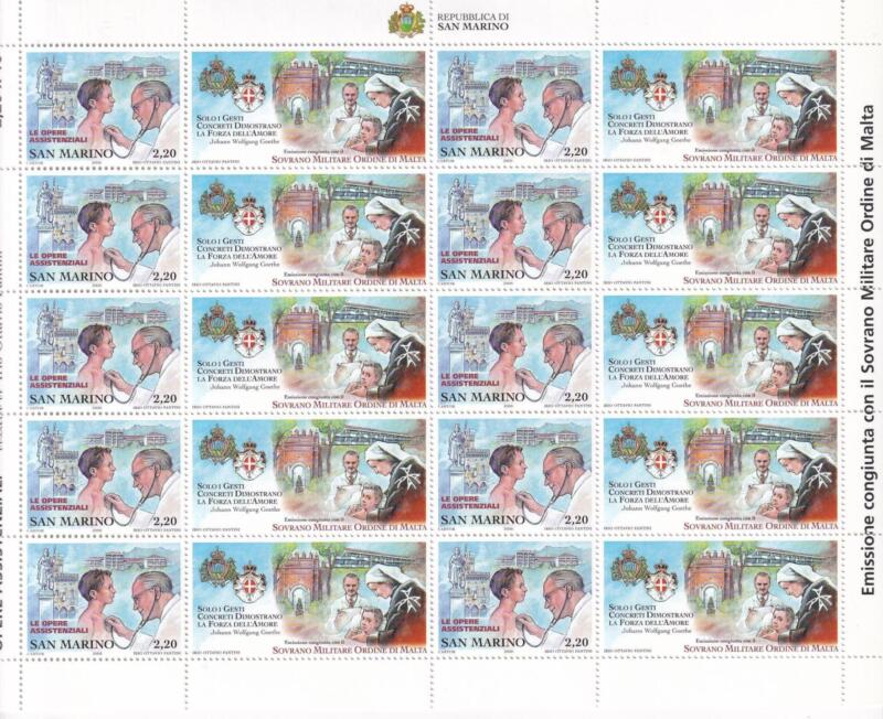 Minifoglio San Marino Anno 2006 Assistenza, carità e amore per i sofferenti. Emissione congiunta con il Sovrano Militare Ordine di Malta (S.M.O.M.) (cat. n. 2104)