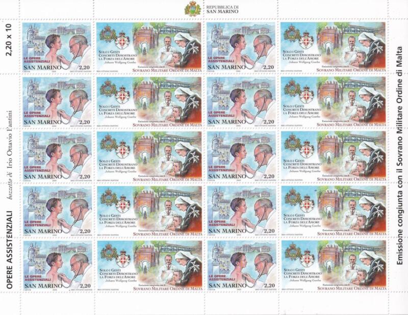 Minifoglio San Marino Anno 2006 Assistenza, carità e amore per i sofferenti. Emissione congiunta con il Sovrano Militare Ordine di Malta (S.M.O.M.) (cat. n. 2104)
