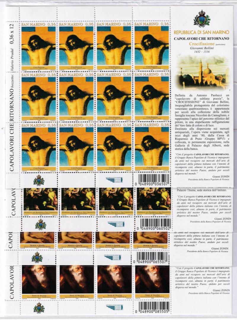 Minifogli San Marino Anno 2008 ‘Capolavori che ritornano’. Mostra pittorica presso il Palazzo Ruspoli di Roma (cat. n. 2169-2172)