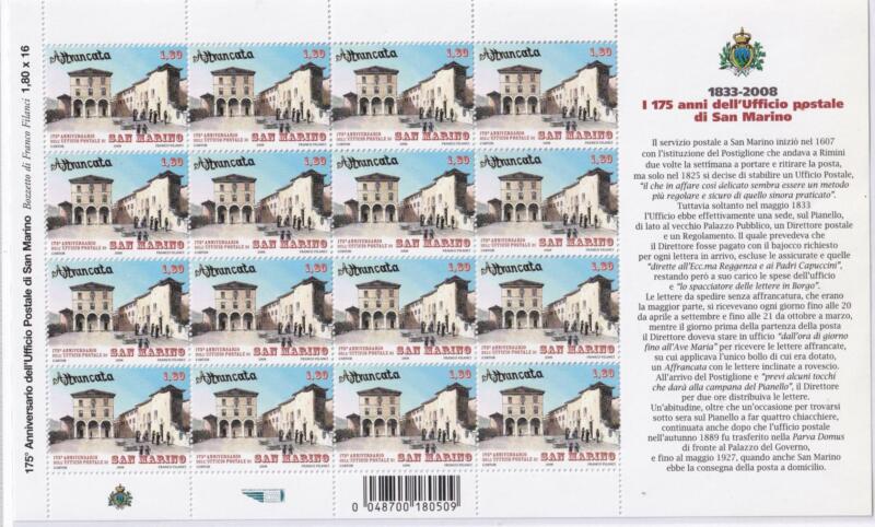 Minifoglio San Marino Anno 2008 175esimo anniversario dell’entrata in funzione dell’ufficio postale a San Marino (cat. n. 2178)