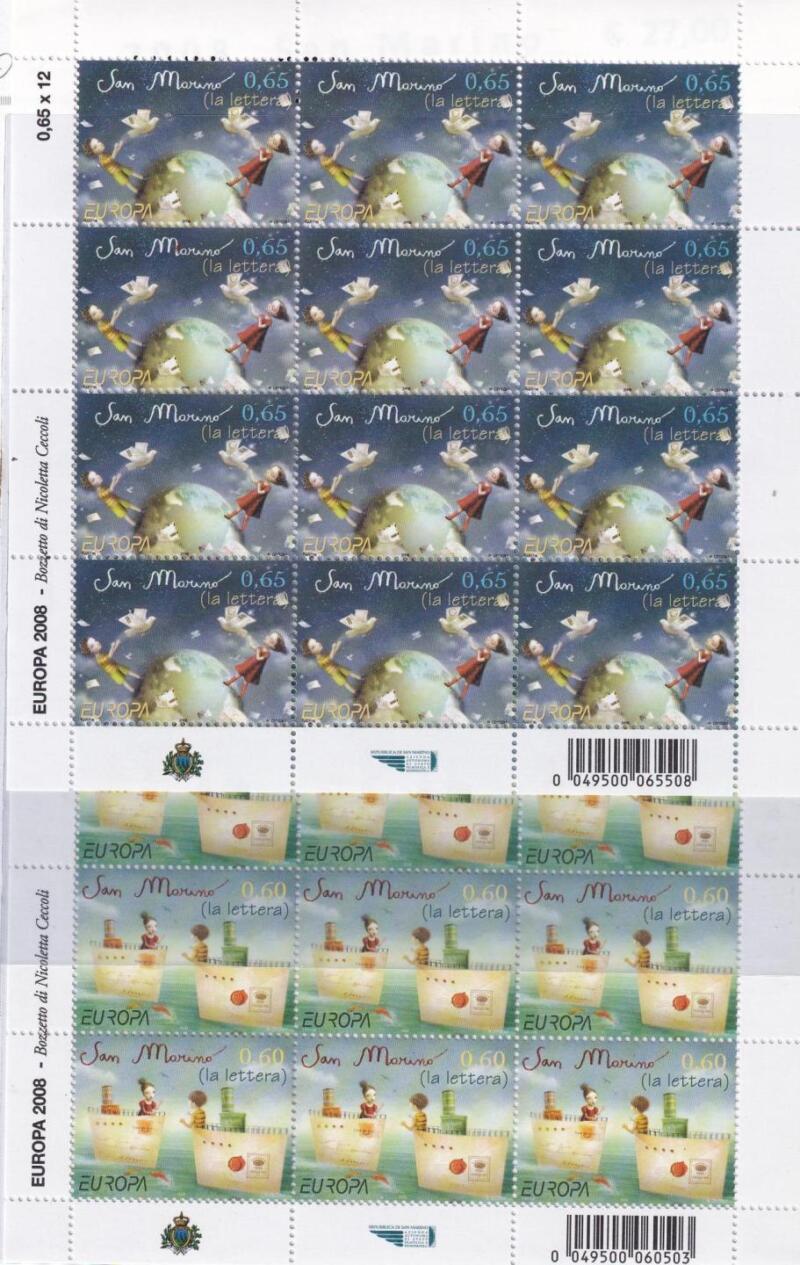 Minifogli San Marino Anno 2008 Europa. La lettera (cat. n. 2184-2185)