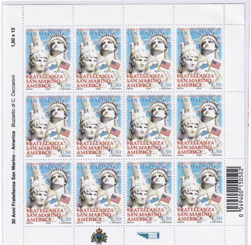 Minifoglio San Marino Anno 2008 30esimo anniversario dell’Associazione Fratellanza San Marino America (cat. n. 2186)