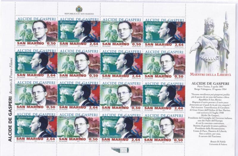 Minifoglio San Marino Anno 2011 Maestri di libertà. Terza serie. 130esimo anniversario della nascita di Alcide De Gasperi (cat. n. 2339-2340)