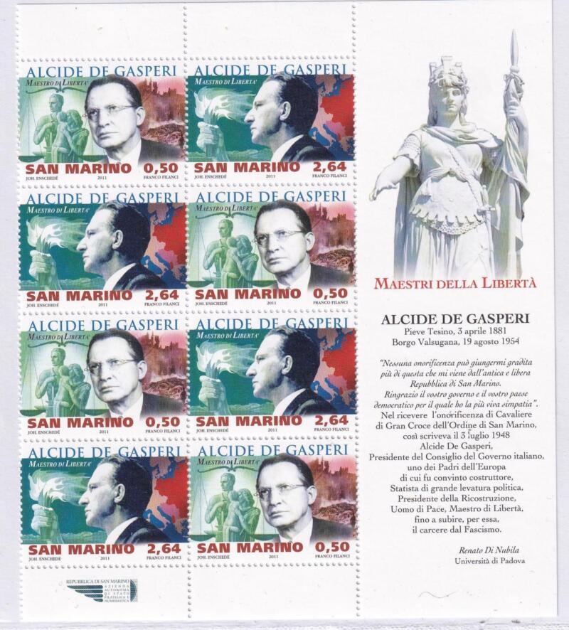 Quartina francobolli San Marino Anno 2011 Maestri di libertà. Terza serie. 130esimo anniversario della nascita di Alcide De Gasperi (cat. n. 2339-2340)