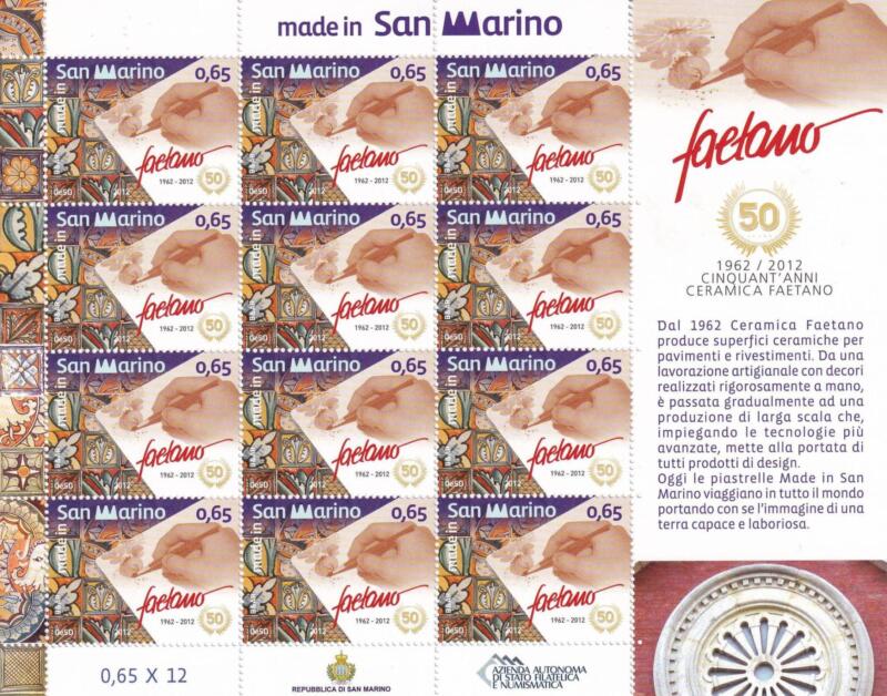 Minifoglio San Marino Anno 2012 ‘Made in San Marino’. Cinquantenario della Ceramica Faetano (cat. n. 2359)