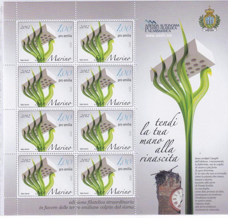 Foglietto San Marino Anno 2012 Pro Emilia Romagna, colpita dal sisma del maggio 2012 (BF n. 120)