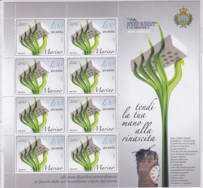 Foglietto San Marino Anno 2012 Pro Emilia Romagna, colpita dal sisma del maggio 2012 (BF n. 120)