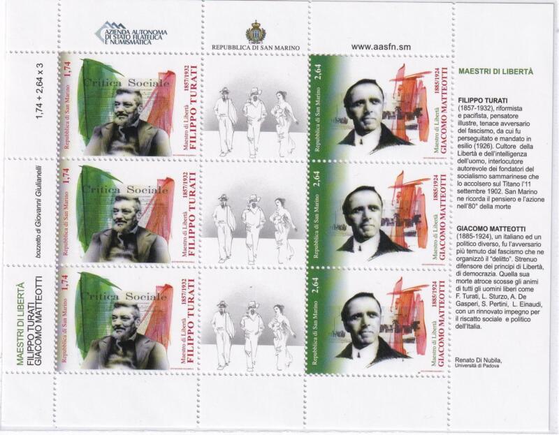Foglietto San Marino Anno 2012 Maestri di libertà. Quarta serie. Filippo Turati politico e giornalista e Giacomo Matteotti politico (BF n. 122)