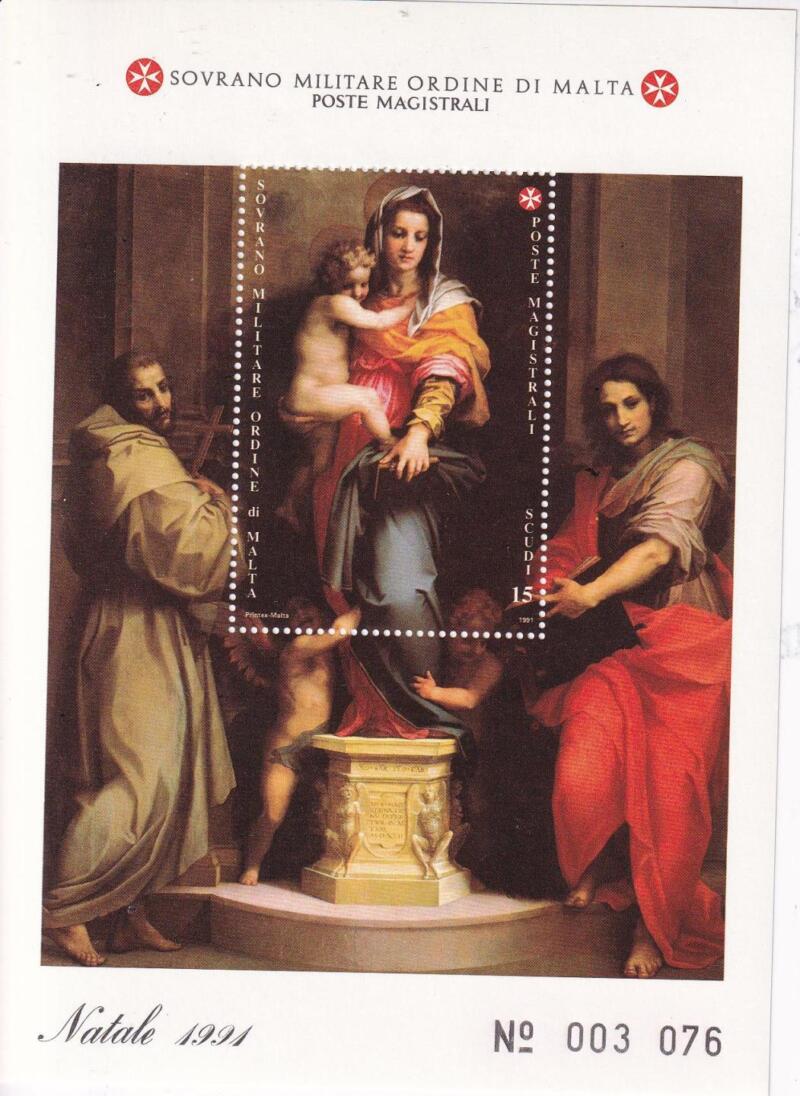 Foglietto S.M.O.M. Anno 1991 Natale. Dipinto di Andrea del Sarto (BF n. 34)