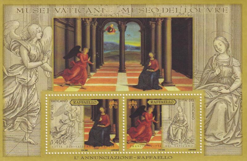 Foglietto Vaticano, Anno 2005, I grandi musei del mondo. I Musei Vaticani e il Louvre. Emissione congiunta con la Francia (BF n. 36) con il corrispondente Foglietto della Francia