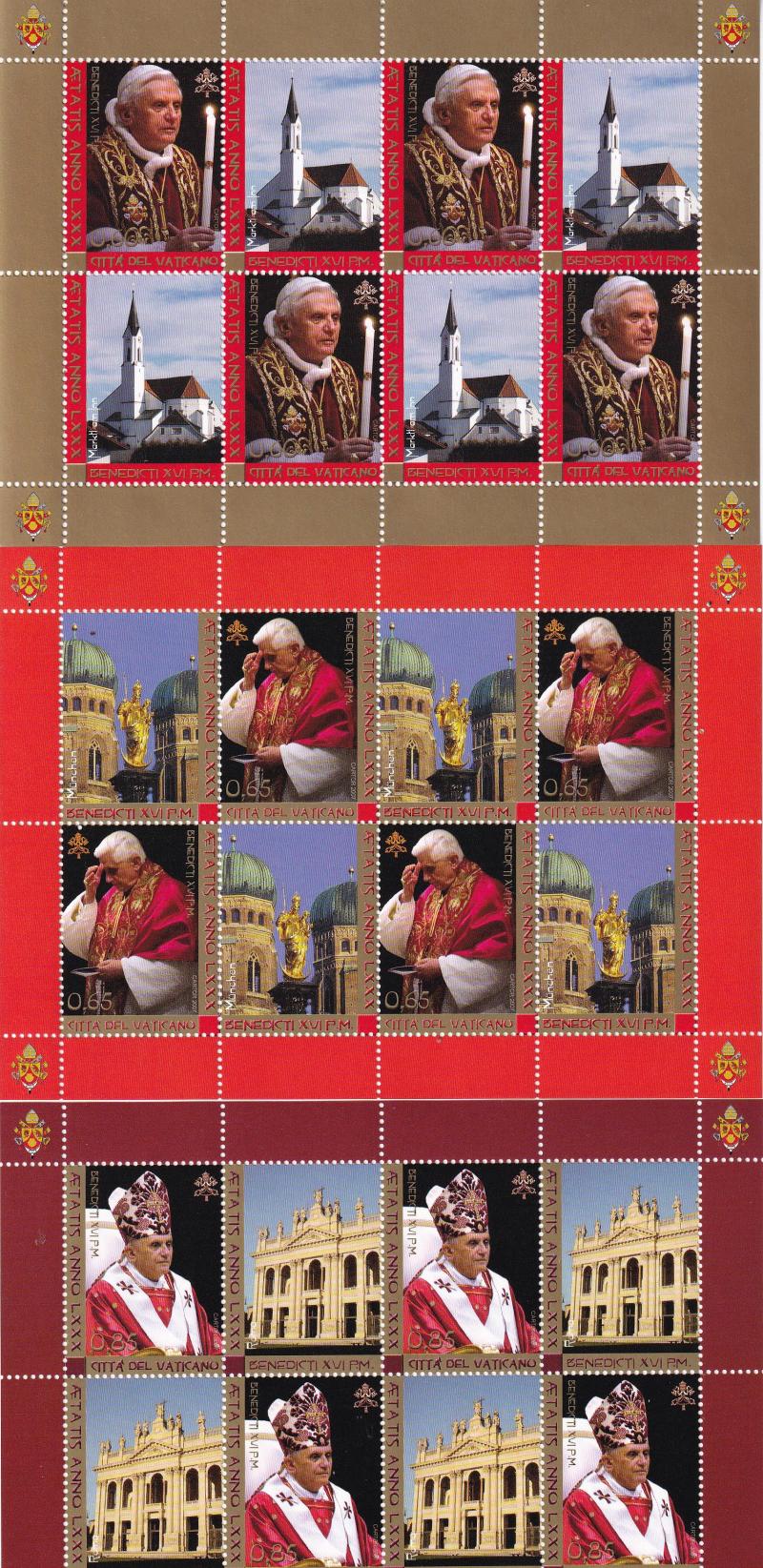 Foglietto Vaticano, Anno 2007, 80esimo compleanno di Sua Santità Benedetto XVI (BF n. 44-45-46)