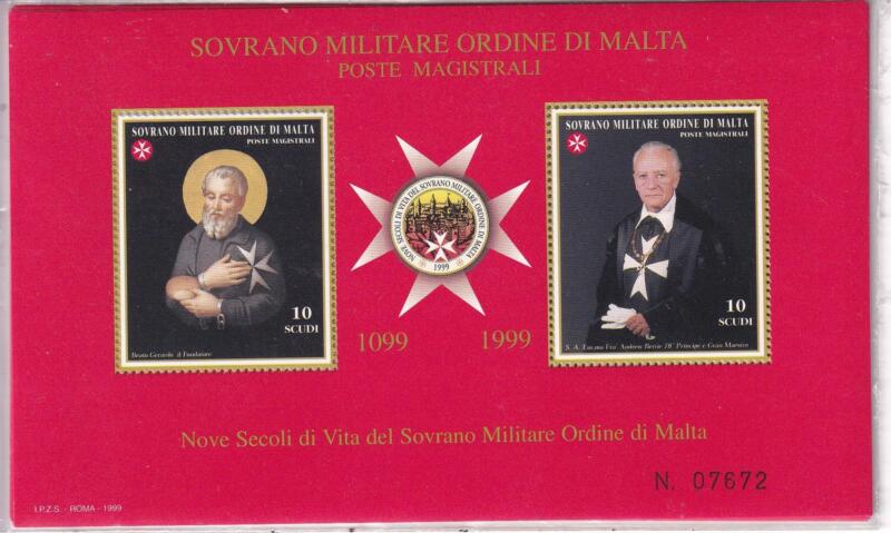 Foglietto S.M.O.M. Anno 1999 Nove secoli di vita dell'Ordine. Terza serie. Effigi del fondatore dell'Ordine e del Principe e Gran Maestro Regnante (BF n. 57)
