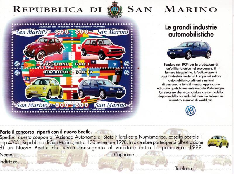 Foglietto San Marino Anno 1997 Le grandi industrie automobilistiche. Volkswagen (BF. n. 57)