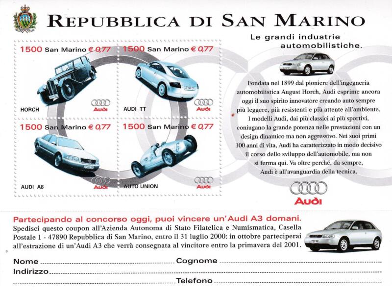Foglietto San Marino Anno 1999 Le grandi industrie automobilistiche. Audi (BF n. 63)
