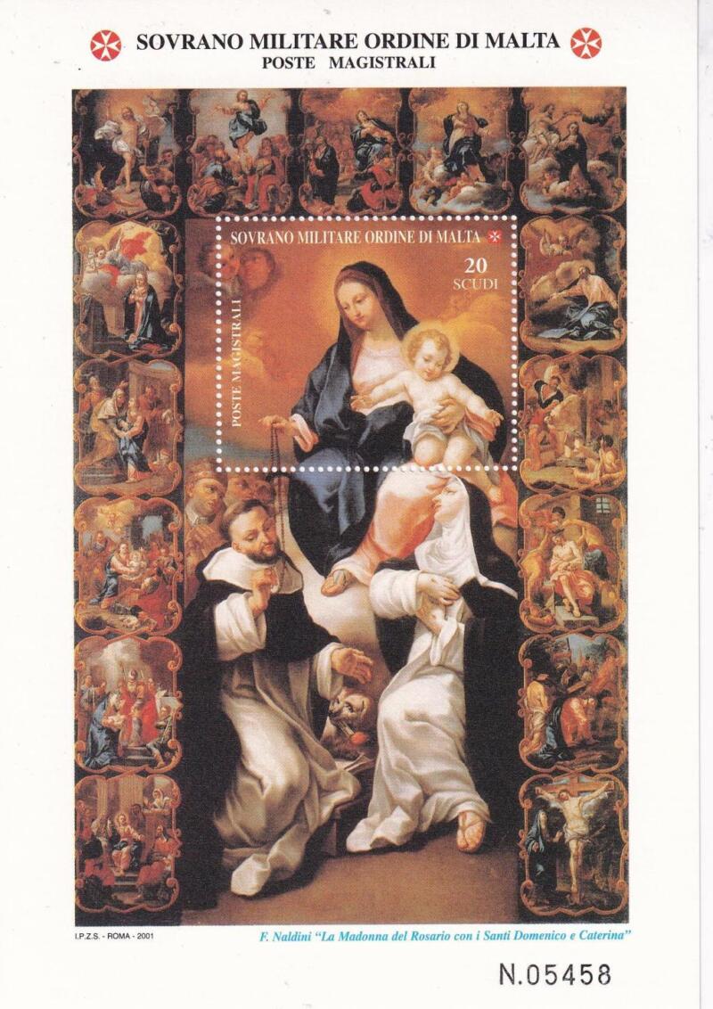 Foglietto S.M.O.M. Anno 2001 Il Santo Rosario. 'La Madonna del Rosario con i Santi Domenico e Caterina'. Particolare del dipinto di Filippo Naldini (BF n. 66)