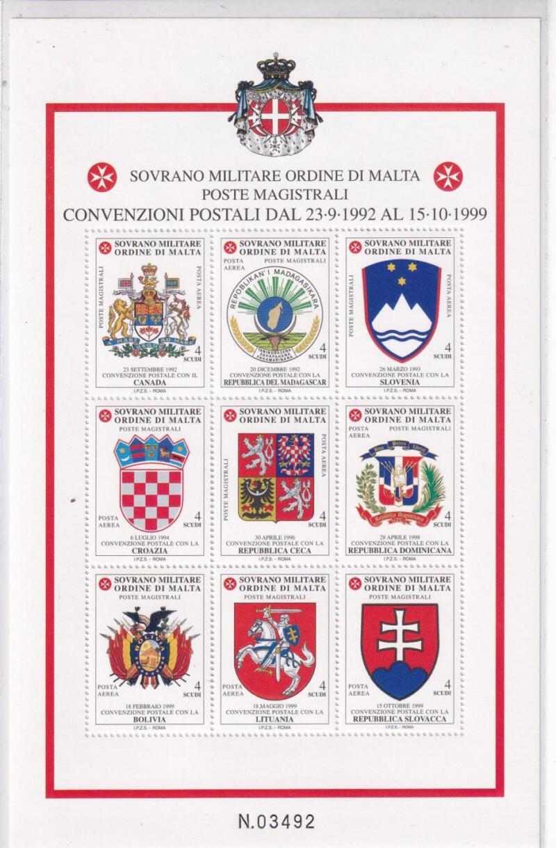 Foglietto S.M.O.M. Anno 2002 Stemmi delle nazioni con le quali è in vigore una convenzione postale con lo S.M.O.M. Tipi dei francobolli di p.a. del 1999/2000 con nuovo valore e senza millesimo (BF n. 68)