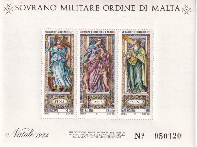 Foglietto S.M.O.M. Anno 1974 Natale. Affreschi del Palazzo Magistrale a La Valletta. Virtù teologali (BF n. 7)