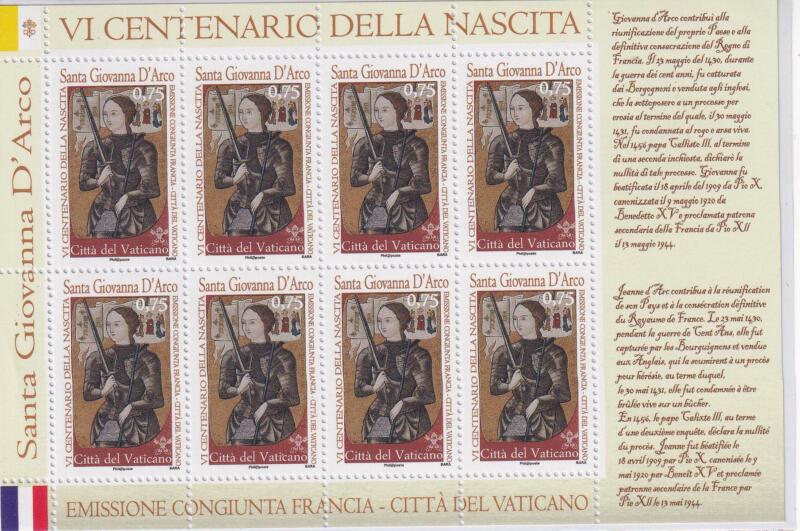 Foglietto Vaticano, Anno 2012, Sesto centenario della nascita di Santa Giovanna d’Arco (BF n. 72)