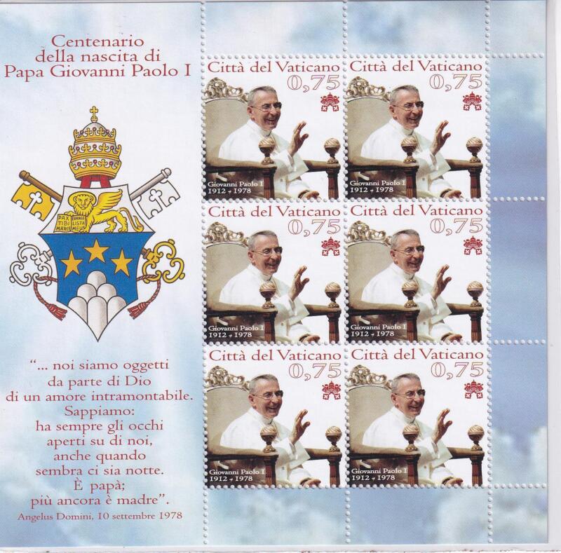 Foglietto Vaticano, Anno 2012, Centenario della nascita di Papa Giovanni Paolo I (BF n. 75)