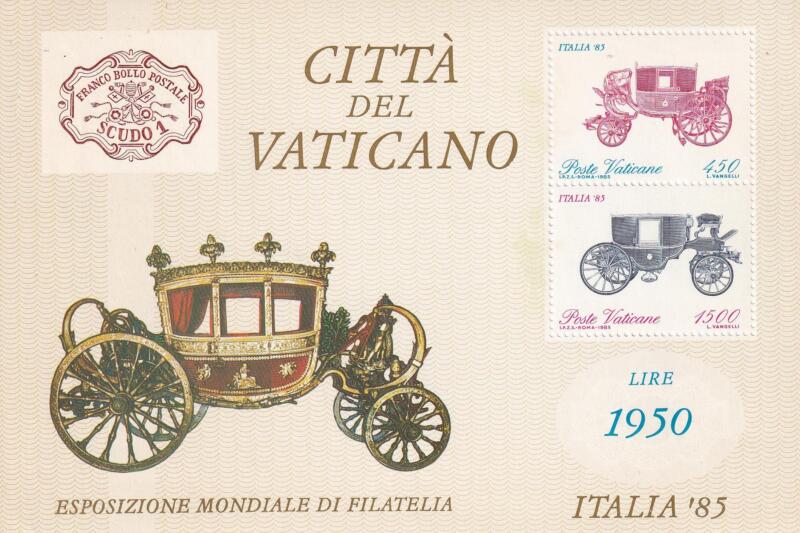 Foglietto Vaticano, Anno 1985, Italia 85. Esposizione filatelica internazionale a Roma. Carrozze conservate nei Musei Vaticani (BF n. 8)