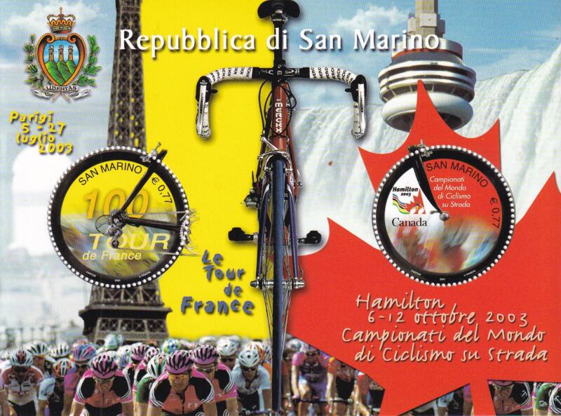 Foglietto San Marino Anno 2003 Centenario del Tour del France e Campionati del Mondo di Ciclismo su strada, Hamilton (Canada) (BF n. 81)
