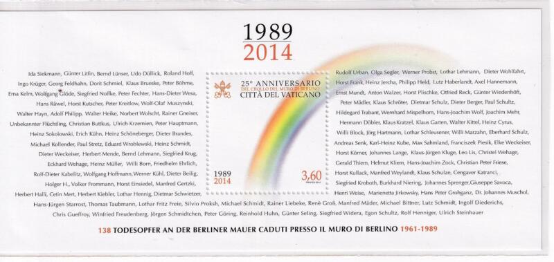 Foglietto Vaticano, Anno 2014, Ricordo dei caduti presso il Muro di Berlino (BF n. 84)