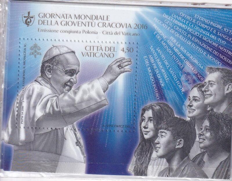 Foglietto Vaticano, Anno 2016, 31esima giornata mondiale della gioventù. Emissione congiunta con la Polonia (BF n. 88) con i corrispondenti Minifoglio e Foglietto della Polonia