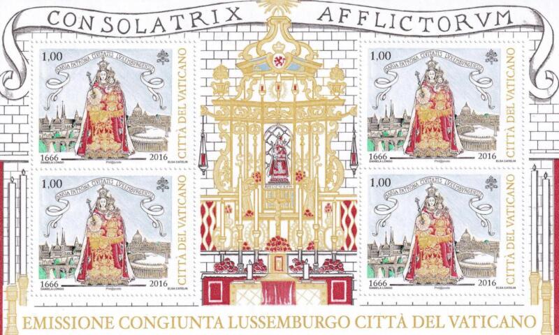 Minifoglio Vaticano, Anno 2016, 350esimo anniversario dell’elezione di Maria Consolatrice degli Afflitti e Patrona del Lussemburgo. Emissione congiunta con il Lussemburgo (MF n. 1747) con la corrispondente emissione del Lussemburgo