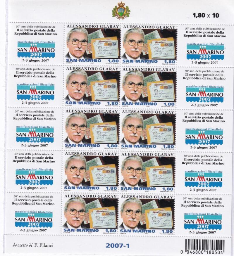 Minifoglio San Marino Anno 2007 ‘Glaray esperto di filatelia e storia postale sammarinese (cat. n. 2128)