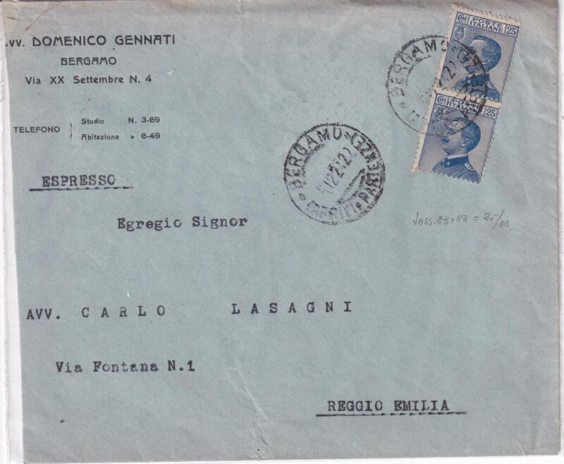 Storia postale, Espresso da Bergamo del 05/12/1921 a Reggio Emilia