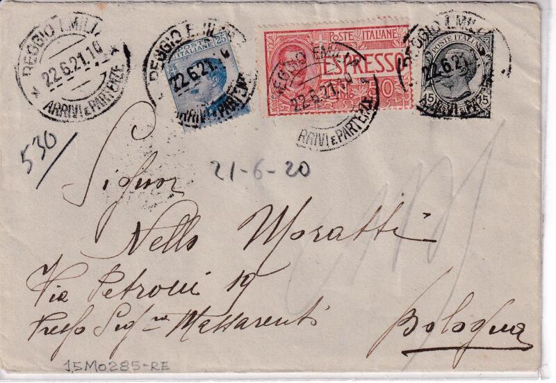 Storia postale. Espresso da Reggio Emilia del 22/06/1921 a Bologna 23/06/1921