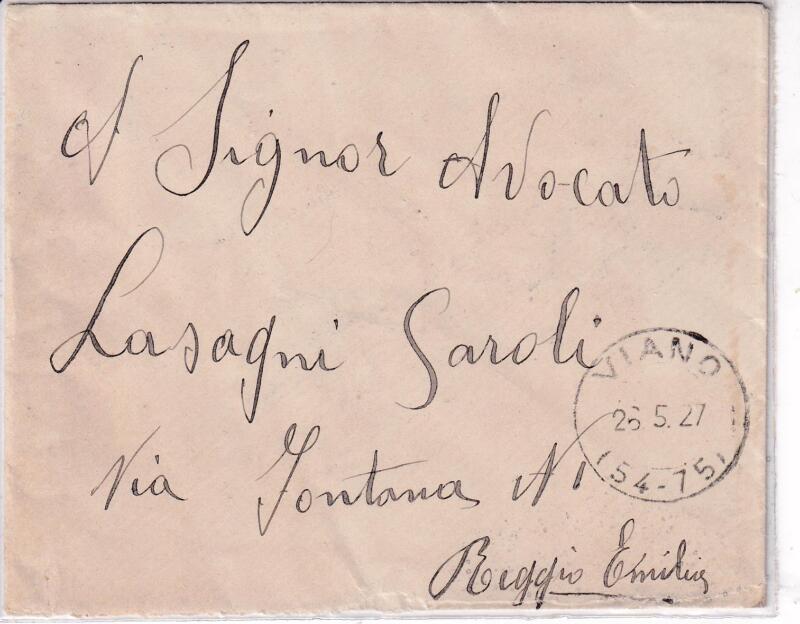 Storia postale. Lettera da Viano 26/05/1927 a Reggio Emilia 26/5/1928 - Errore di data
