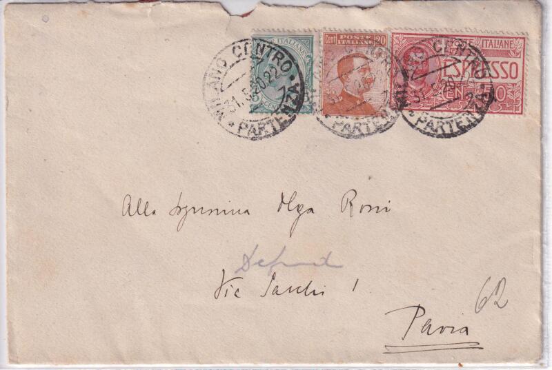 Storia postale. Espresso da Milano 31/05/1920 a Pavia 31/05/1920