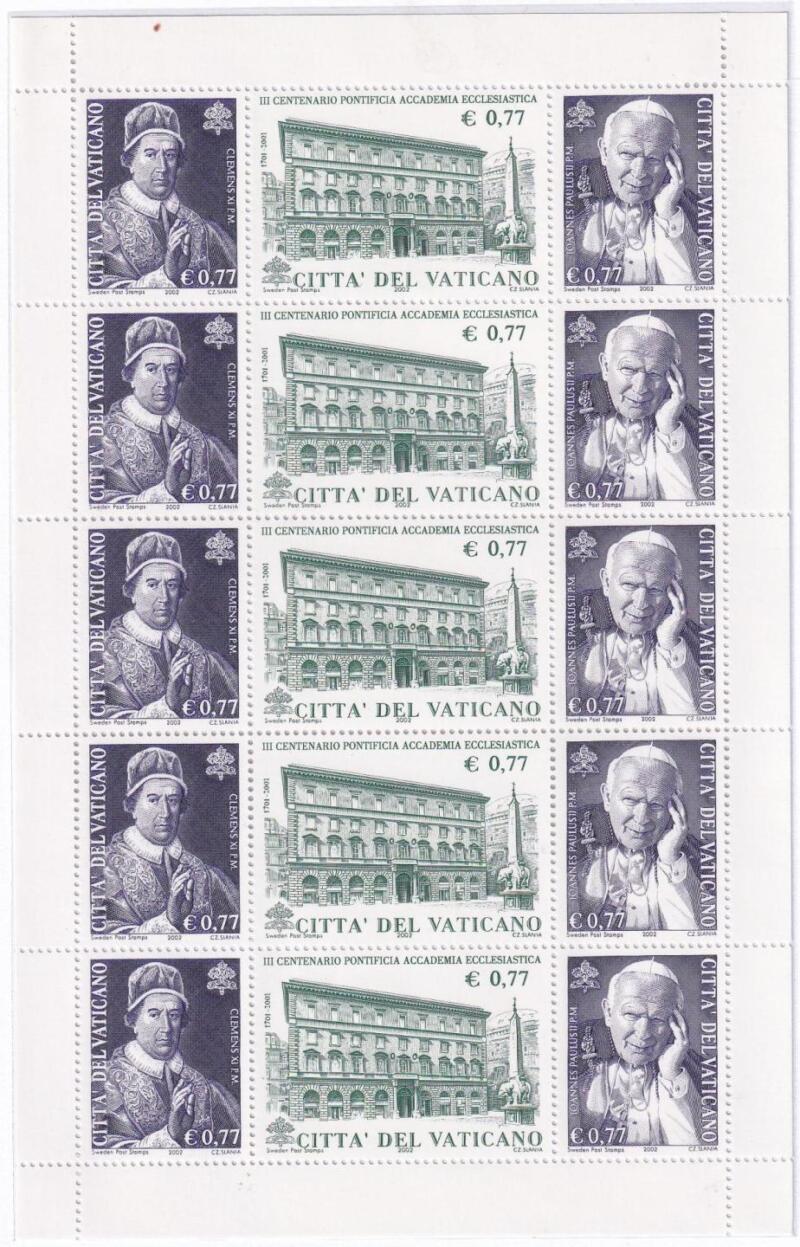 Minifoglio Vaticano, Anno 2002, Trittico Terzo centenario della Pontificia Accademia Ecclesiastica (MF n. 1270-1272)
