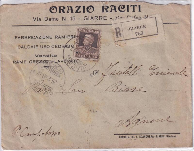 Storia postale. Raccomandata da Giarre R 763 del 25/02/1928 a Agnone 27/02/1928