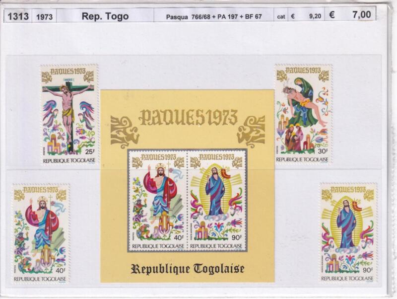Francobolli e Foglietto Togo, Anno 1973, Pasqua (cat. n. 766-768, Pa n. 197, BF n. 67)