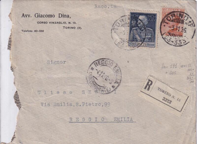 Storia postale. Raccomandata da Torino 15 R 3323 del 03/11/1925 a Reggio Emilia 04/11/1925
