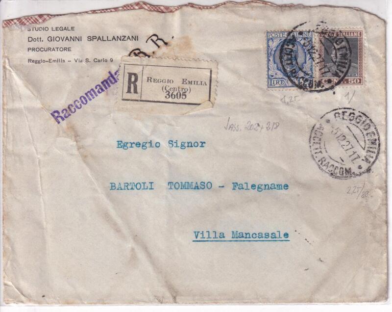 Storia postale. Raccomandata R. R. da Reggio Emilia 3605 del 05/12/1927 Villa Mancasale 27/02/1928