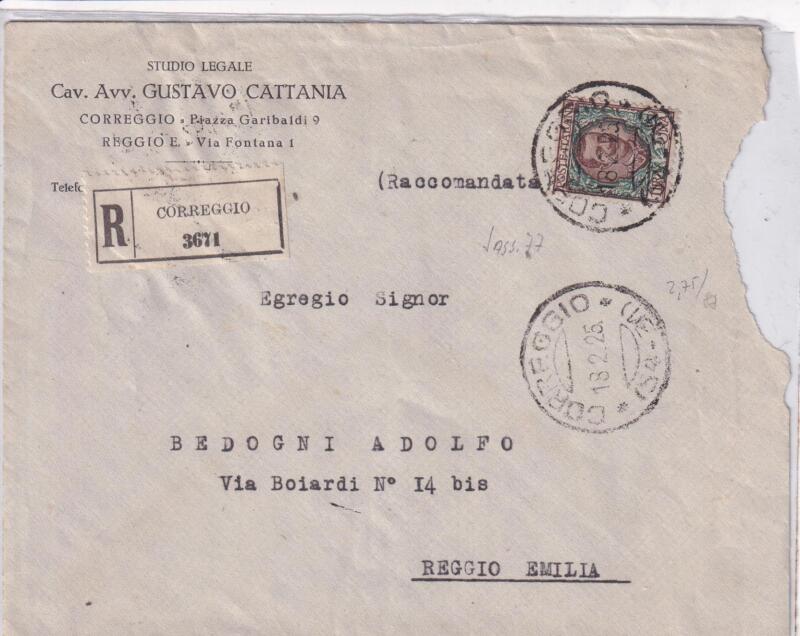 Storia postale. Raccomandata da Correggio R 3671 del 18/02/1925 a Reggio Emilia 18/02/1925
