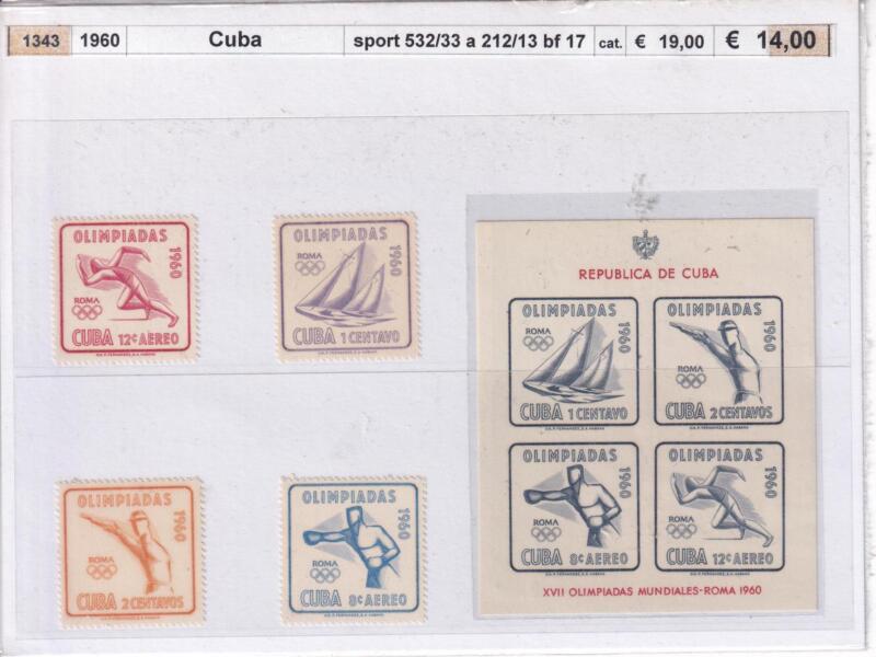 Francobolli e Foglietto Cuba, Anno 1960, Olimpiadi (cat. n. 632-633, Pa n. 212-213, BF n. 17)
