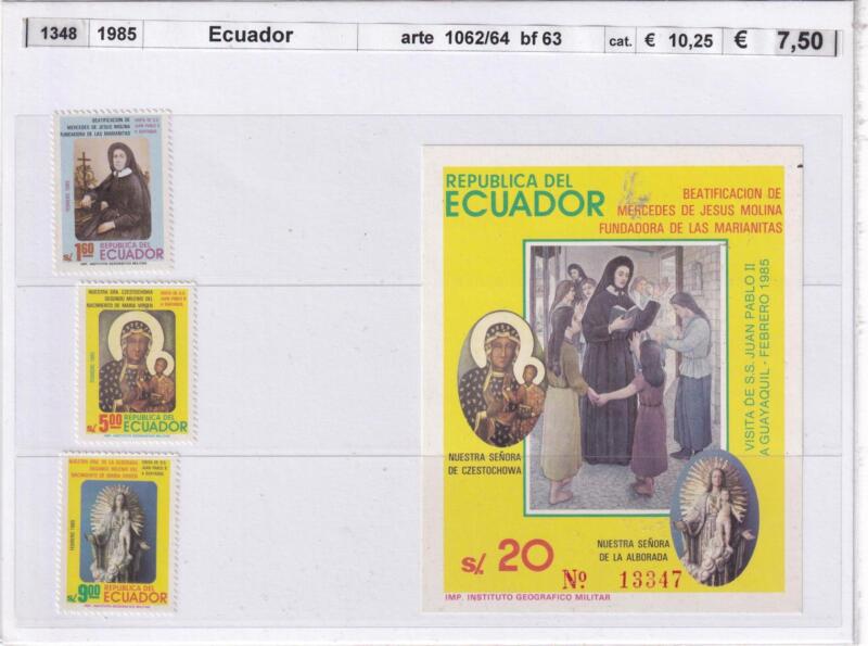 Francobolli e Foglietto Ecuador, Anno 1985, Beatificazione di Mercedes De Jesus Molina (cat. n. 1062-1064, BF n. 63)