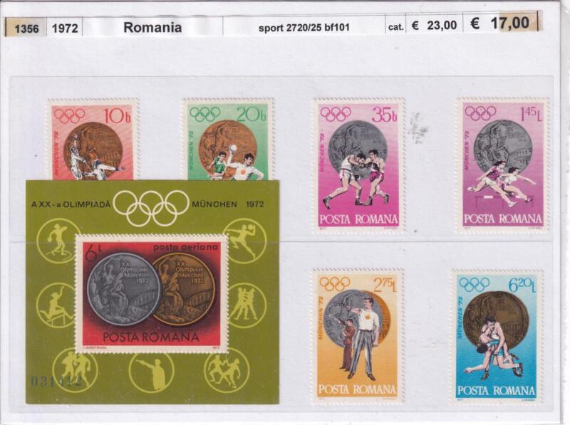 Francobolli e Foglietto Romania, Anno 1972, Olimpiadi (cat. n. 2720-2725, BF n. 101)