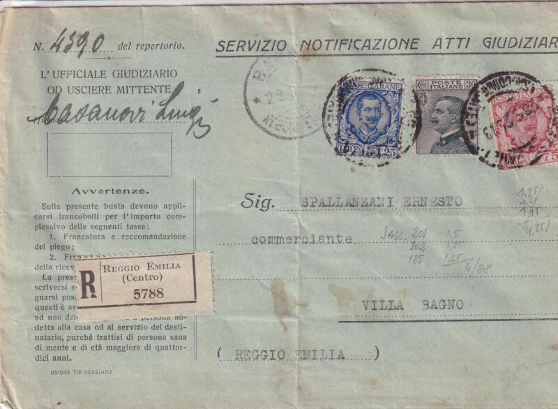 Storia postale. Atto giudiziario. Raccomandata da Reggio Emilia R 5788 del 29/09/1929 Villa Bagno 04/11/1925