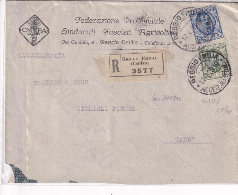 Storia postale. Atto giudiziario. Raccomandata da Reggio Emilia R 3577 del 12/04/1929 a Cadè 13/04/1929