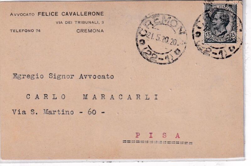Storia postale. Lettera da Cremona 21/05/1920  a Pisa