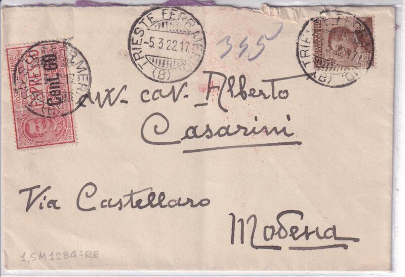 Storia postale. Espresso da Trieste 05/03/1922 a Modena 05/03/1922